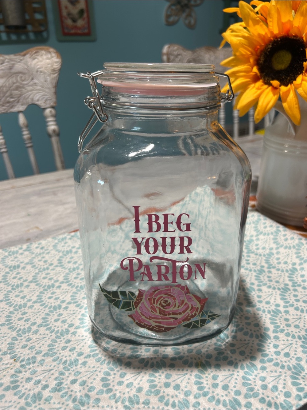 Clear Glass Storage Jar with Pink Rose Design and Latch